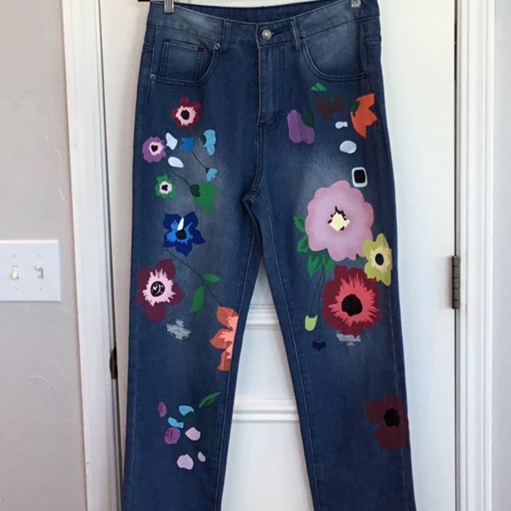 Blue Floral Painted Women’s Jeans - Picture 1 of 8